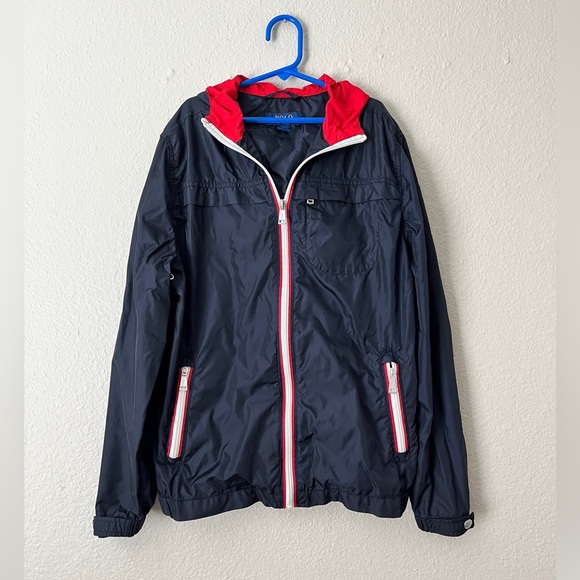 Polo Ralph Lauren Nylon Rain Jacket Child Large 14/16 Blue Red White Hooded Zip - Picture 1 of 7